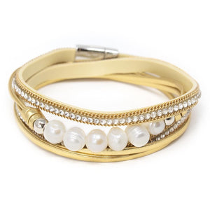 Golden Leather Wrap Bracelet with Six Pearls Station - Mimmic Fashion Jewelry