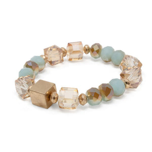 Green Glass Beaded Stretch Bracelet with Gold Tone Cube - Mimmic Fashion Jewelry