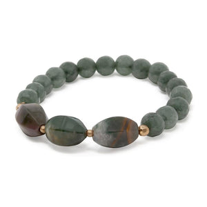Green St Beaded Stch Bracelet With 3 Oval Stone - Mimmic Fashion Jewelry