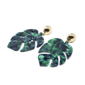 Green Tortoise Shell Leaf Post Earrings Gold Tone - Mimmic Fashion Jewelry