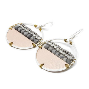 Grey Beaded Open Circle Drop Earrings Two Tone - Mimmic Fashion Jewelry
