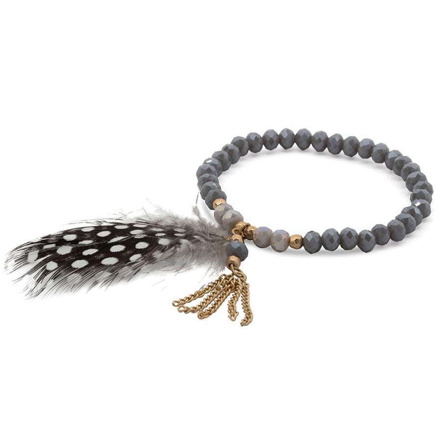 Grey Glass Bead Bracelet Feather Pendant Gold Tone - Mimmic Fashion Jewelry