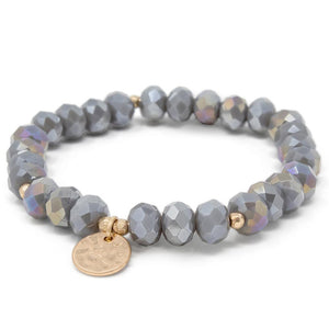 Grey Glass Bead Bracelet with Disc Charm Gold Tone - Mimmic Fashion Jewelry