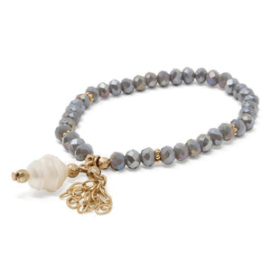 Grey Glass Bead Stretch Bracelet Pearl Pendant GoldT - Mimmic Fashion Jewelry