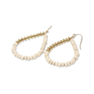 Ivory Wood Bead Tear Drop Earrings Gold Tone - Mimmic Fashion Jewelry