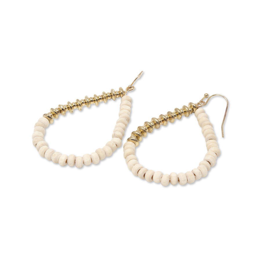 Ivory Wood Bead Tear Drop Earrings Gold Tone - Mimmic Fashion Jewelry