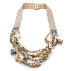 Khaki Five Row Beaded Necklace With Tassels - Mimmic Fashion Jewelry