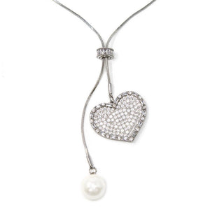 Lariat Necklace 36 Inch CZ Pave Heart and Pearl Silver Tone - Mimmic Fashion Jewelry