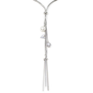 Lariat Necklace with Pearl and Ball Crystal Rhodium Plated - Mimmic Fashion Jewelry