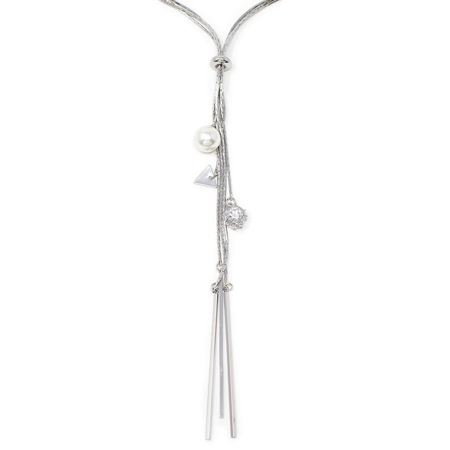 Lariat Necklace with Pearl and Ball Crystal Rhodium Plated - Mimmic Fashion Jewelry