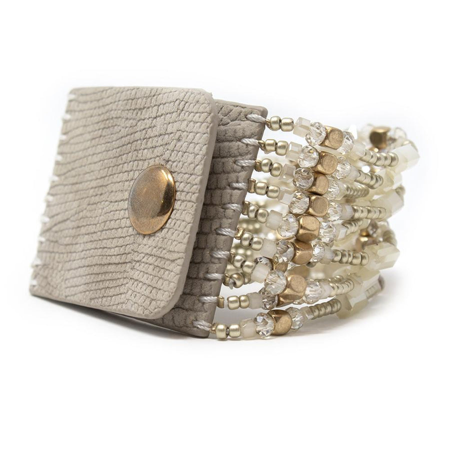 Leather Bracelet Ten Beaded Strings Beige Gold - Mimmic Fashion Jewelry