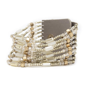 Leather Bracelet Ten Beaded Strings Beige Gold - Mimmic Fashion Jewelry