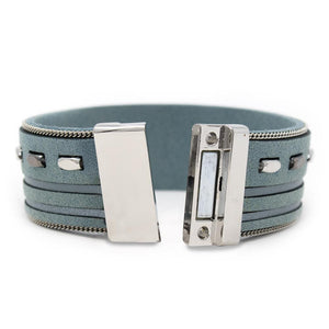 Leather Bracelet With Metal Bars Inlay Aqua - Mimmic Fashion Jewelry