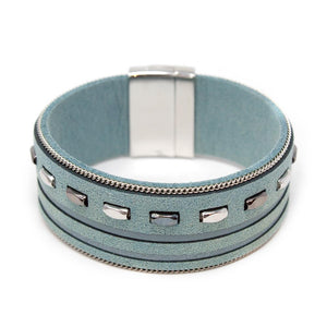 Leather Bracelet With Metal Bars Inlay Aqua - Mimmic Fashion Jewelry