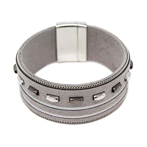 Leather Bracelet With Metal Bars Inlay Grey - Mimmic Fashion Jewelry