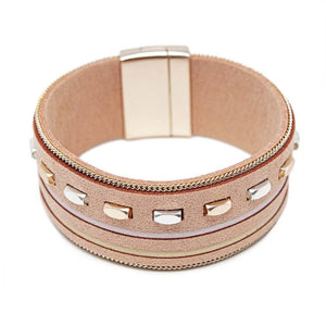 Leather Bracelet With Metal Bars Inlay Pink - Mimmic Fashion Jewelry