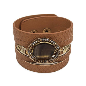 Leather Bracelet With Stone Station Brown - Mimmic Fashion Jewelry