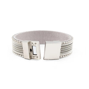 Leather Bracelet with Bar Chain Rhodium Plated - Mimmic Fashion Jewelry