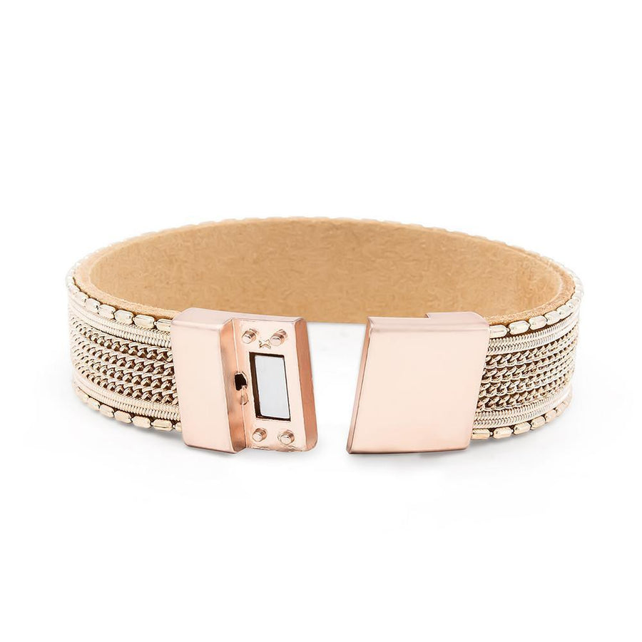 Leather Bracelet with Bar Chain Rose Gold Tone - Mimmic Fashion Jewelry