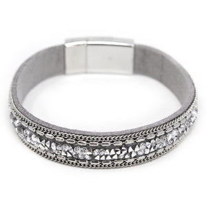Leather Bracelet with Glass Crystals Silver Tone - Mimmic Fashion Jewelry