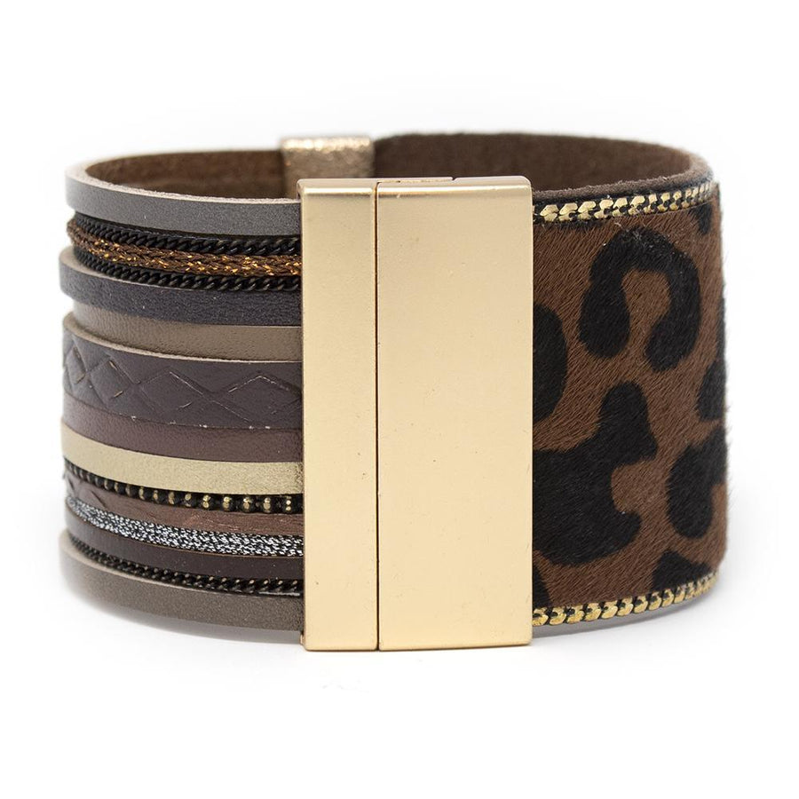 Leather Cuff Bracelet Mixed Media Leopard Print Dark Brown - Mimmic Fashion Jewelry