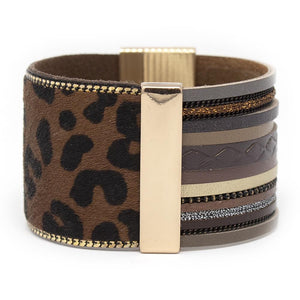 Leather Cuff Bracelet Mixed Media Leopard Print Dark Brown - Mimmic Fashion Jewelry