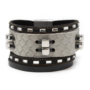 Leather Four Row Lizard Print Beaded Cuff Grey - Mimmic Fashion Jewelry