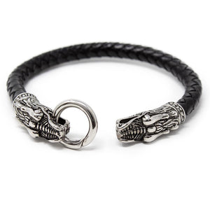 Leather Men's Bracelet with Stainless Steel Dragons - Mimmic Fashion Jewelry
