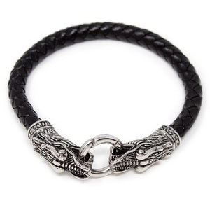 Leather Men's Bracelet with Stainless Steel Dragons - Mimmic Fashion Jewelry