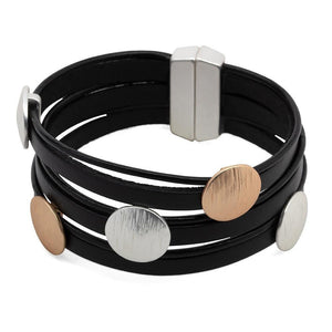 Leather Multi Row Bracelet Matte 2Tone Disks Black - Mimmic Fashion Jewelry
