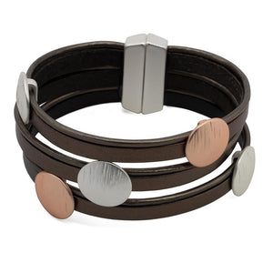 Leather Multi Row Bracelet Matte 2Tone Disks Brown Rose - Mimmic Fashion Jewelry