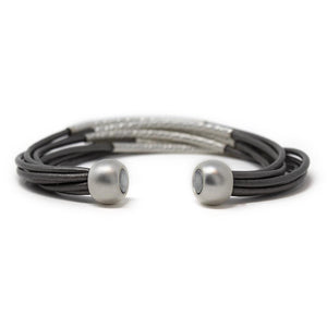Leather String Bracelet Grey Matte Silver Tubes - Mimmic Fashion Jewelry