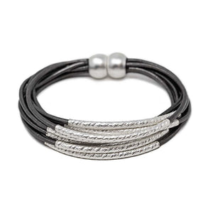 Leather String Bracelet Grey Matte Silver Tubes - Mimmic Fashion Jewelry