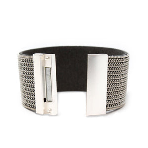 Leather Wide Bracelet With SilverTone Chain - Mimmic Fashion Jewelry