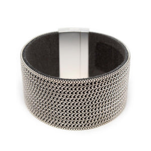 Leather Wide Bracelet With SilverTone Chain - Mimmic Fashion Jewelry