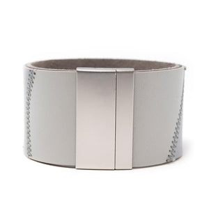 Leather Wide Cuff Stiched Multi Design Grey - Mimmic Fashion Jewelry