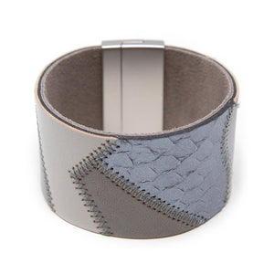 Leather Wide Cuff Stiched Multi Design Grey - Mimmic Fashion Jewelry