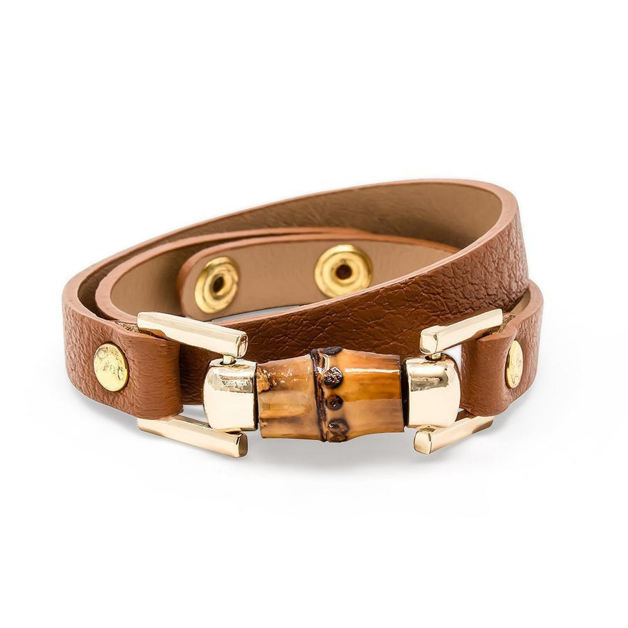 Leather Wrap Bracelet with Bamboo L Brown - Mimmic Fashion Jewelry