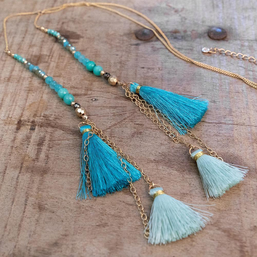 Long Beaded Tassle Neck Gld Mint - Mimmic Fashion Jewelry