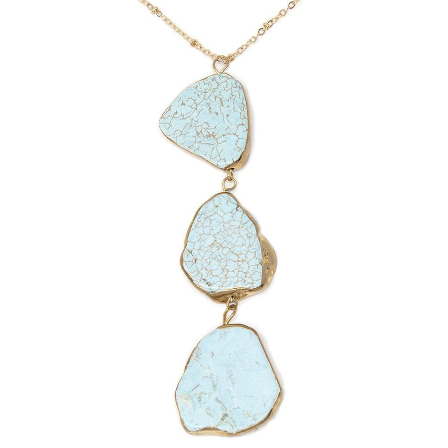 Long Gold Plated Necklace with Three Turquoise Pendants - Mimmic Fashion Jewelry