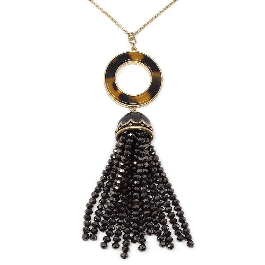 Long Gold Tone Necklace Turtle Enamel Black Bead Tassel - Mimmic Fashion Jewelry