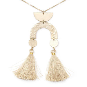 Long Hammered Geometric Tassle Necklace Gold Beige - Mimmic Fashion Jewelry