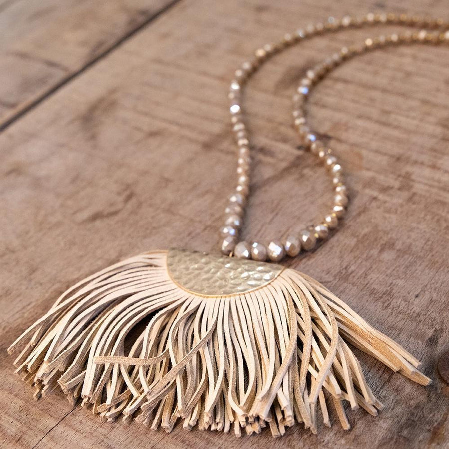 Long Neck Beaded w Large Tassel Pendant Ivory - Mimmic Fashion Jewelry