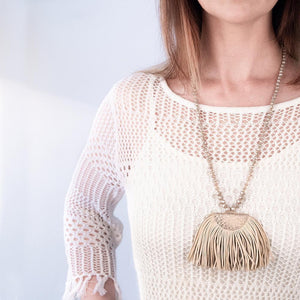 Long Neck Beaded w Large Tassel Pendant Ivory - Mimmic Fashion Jewelry