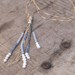 Long Neck with Bead and Pearl Tassel Grey - Mimmic Fashion Jewelry