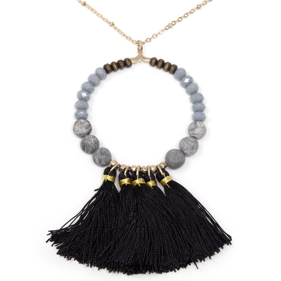 Long Necklace with Ring Pendant with Black Tassels - Mimmic Fashion Jewelry