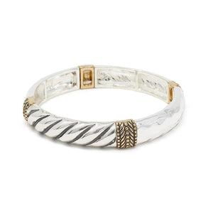 Medium Stretch Bracelet Hammered Two Tone Silver Gold Tone - Mimmic Fashion Jewelry