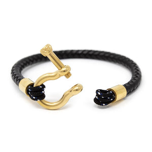 Men's Braided Leather Bracelet with Gold Tone Shackle Black Medium - Mimmic Fashion Jewelry