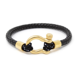 Men's Braided Leather Bracelet with Gold Tone Shackle Black Medium - Mimmic Fashion Jewelry