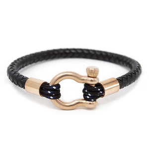 Men's Braided Leather Bracelet with Rose Gold T Shackle Black Medium - Mimmic Fashion Jewelry
